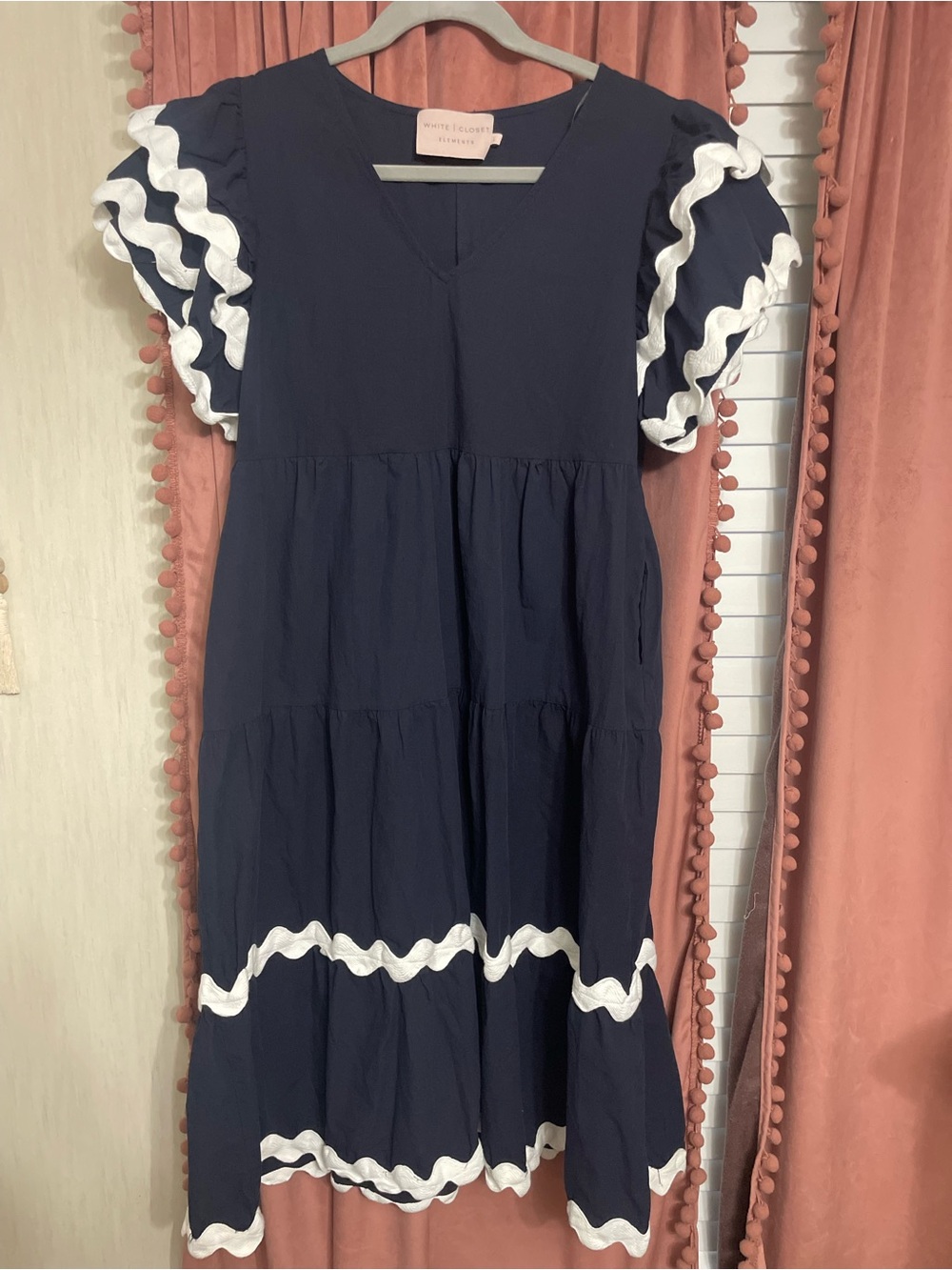 White Closet Elements Navy Ruffle Sleeve Tiered Dress with pockets